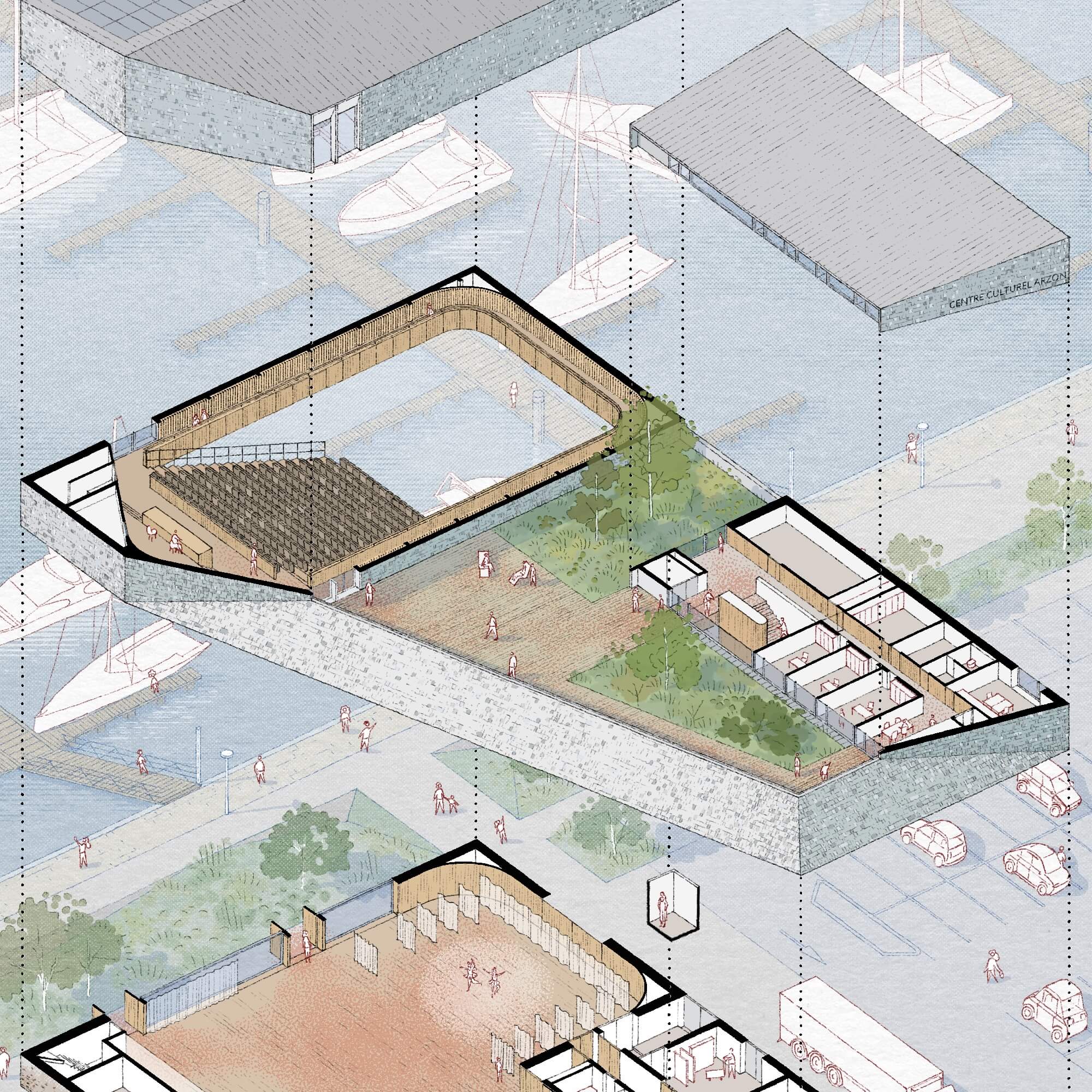 A colorful aerial view of a park layout featuring various geometric flower beds and walking paths near water.