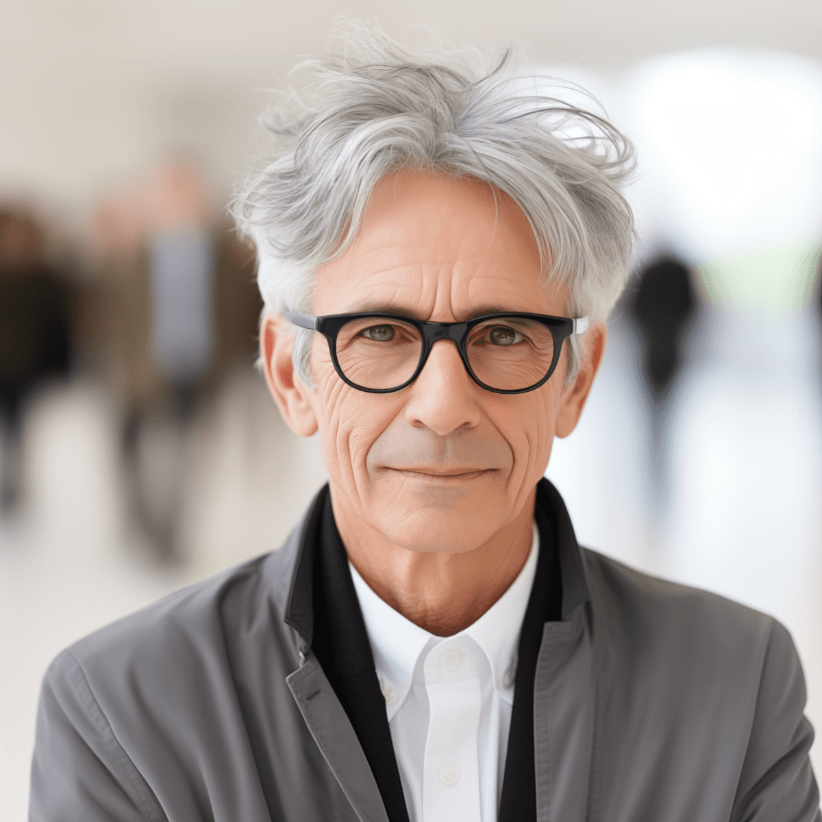 Caucasian man with gray hair and glasses, wearing a gray jacket and white shirt, standing in a blurred indoor setting.