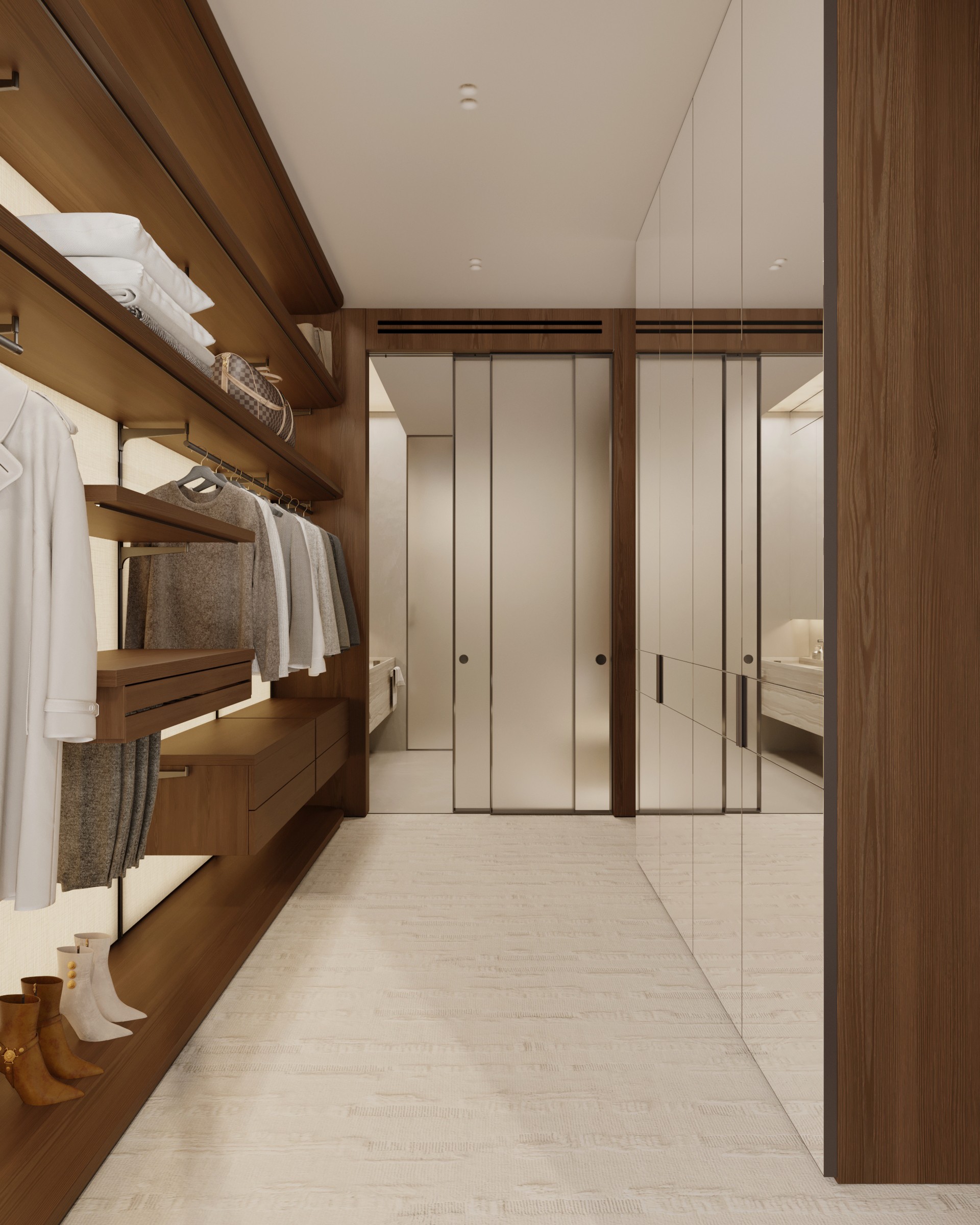Modern bathroom with wood accents, a glass shower, and shelves. Bright, minimalistic design.