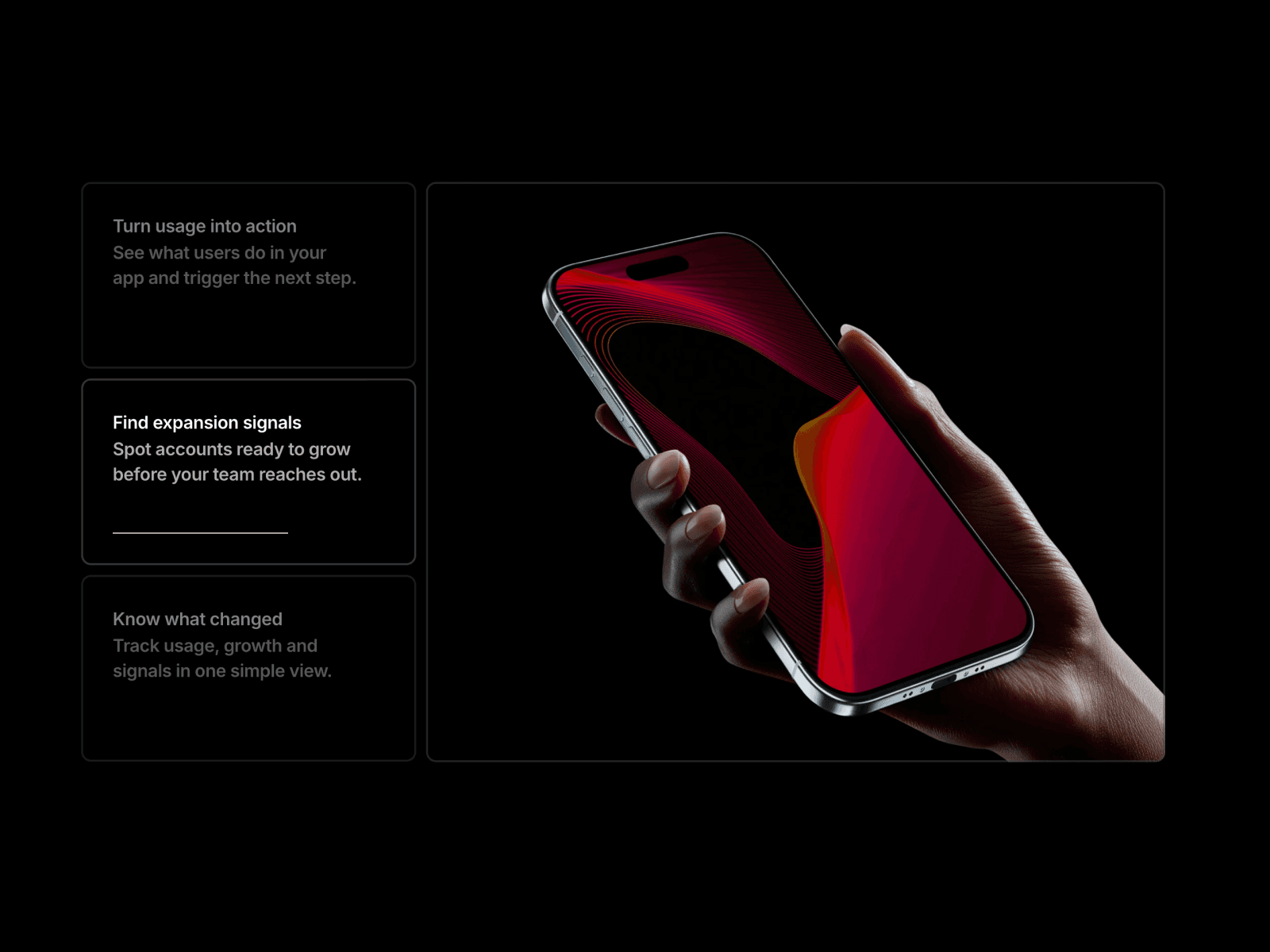 A modern dark SaaS feature slider for Framer websites that helps you present features, use cases and benefits in a polished interactive section.