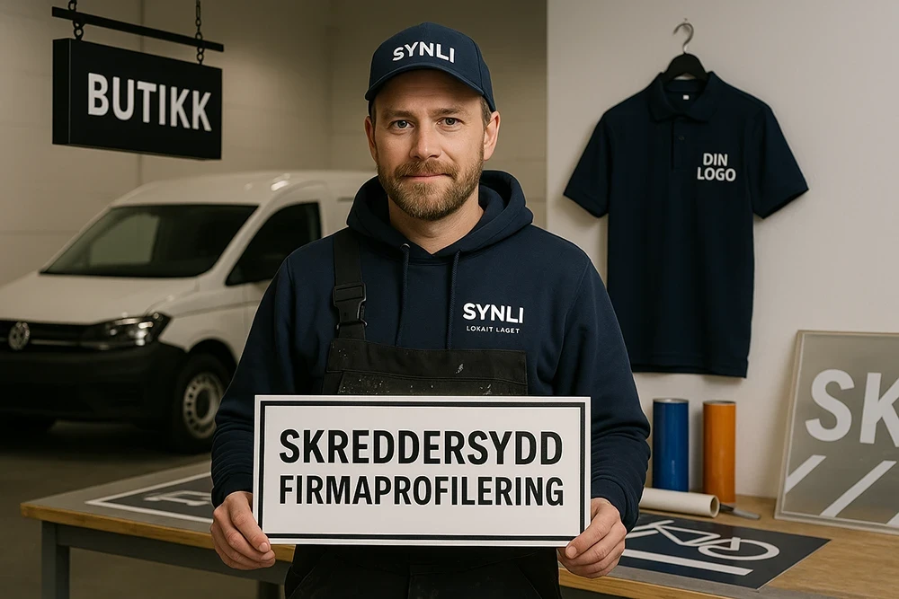 Signmaker i 30-årene iført mørk SYNLI-hettegenser står i et lyst og ryddig verksted, holder et skilt med teksten 'SKREDDERSYDD FIRMAPROFILERING'. Rundt ham sees produksjonsutstyr, verktøy, ferdige skilt og en varebil med SYNLI-logo – et tydelig bilde av lokal produksjon og fysisk synlighet.
