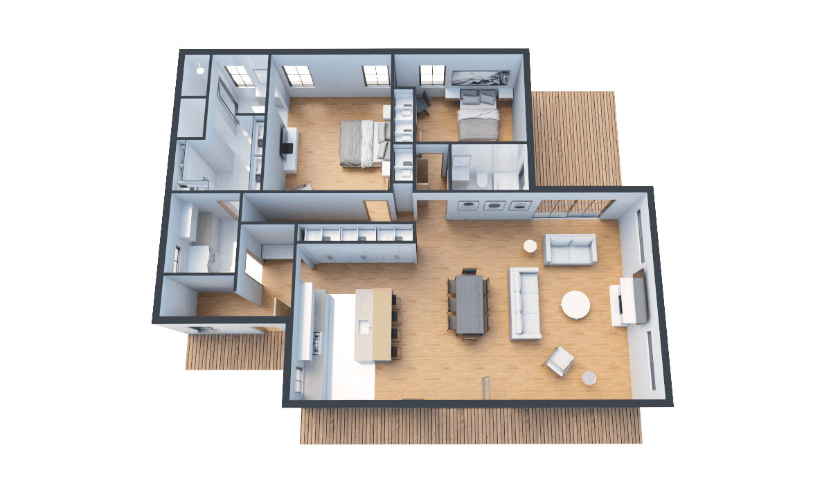 3D model of a modern two-bedroom house showcasing an open floor plan, fully furnished rooms, and a large outdoor terrace.