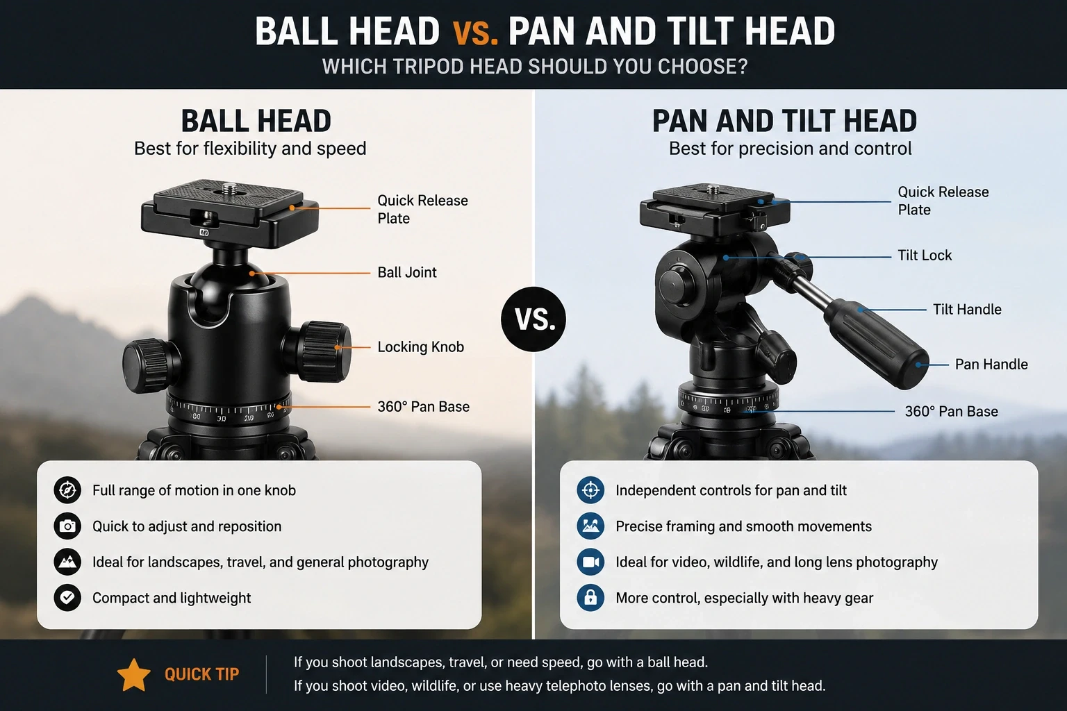 Ball head vs. Pan and tilt head tripod for a photography kit