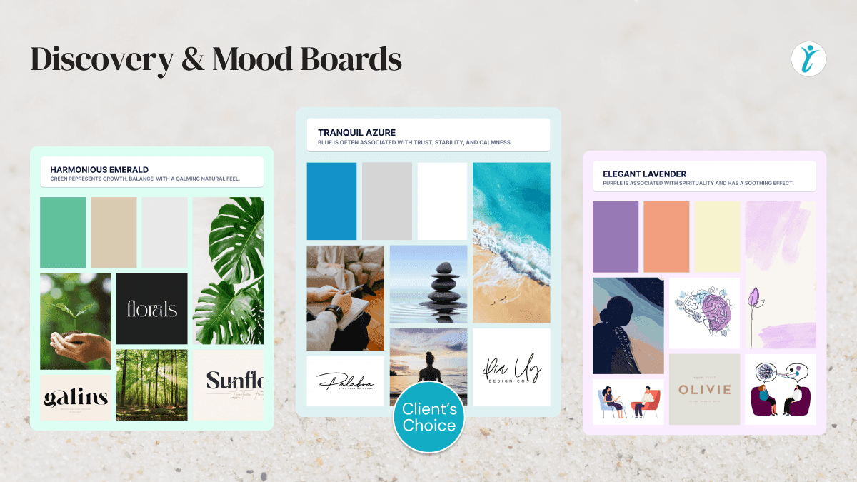 3 moodboards displaying different colors and branding directions