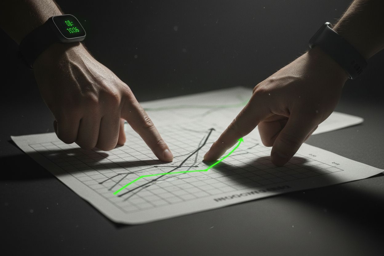 Hands pointing at workout progress chart