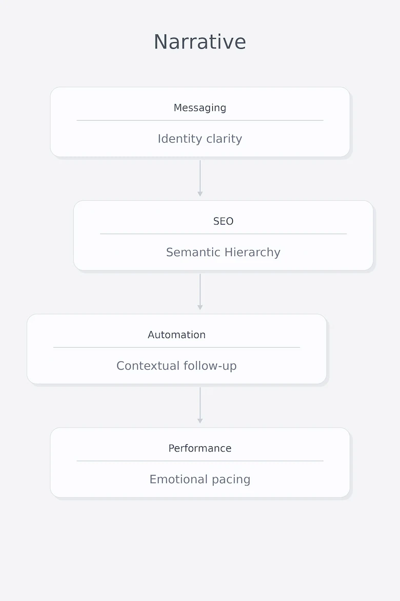 Narrative diagram showing cross-layer alignment from identity clarity to semantic hierarchy, contextual follow-up, and emotional pacing.