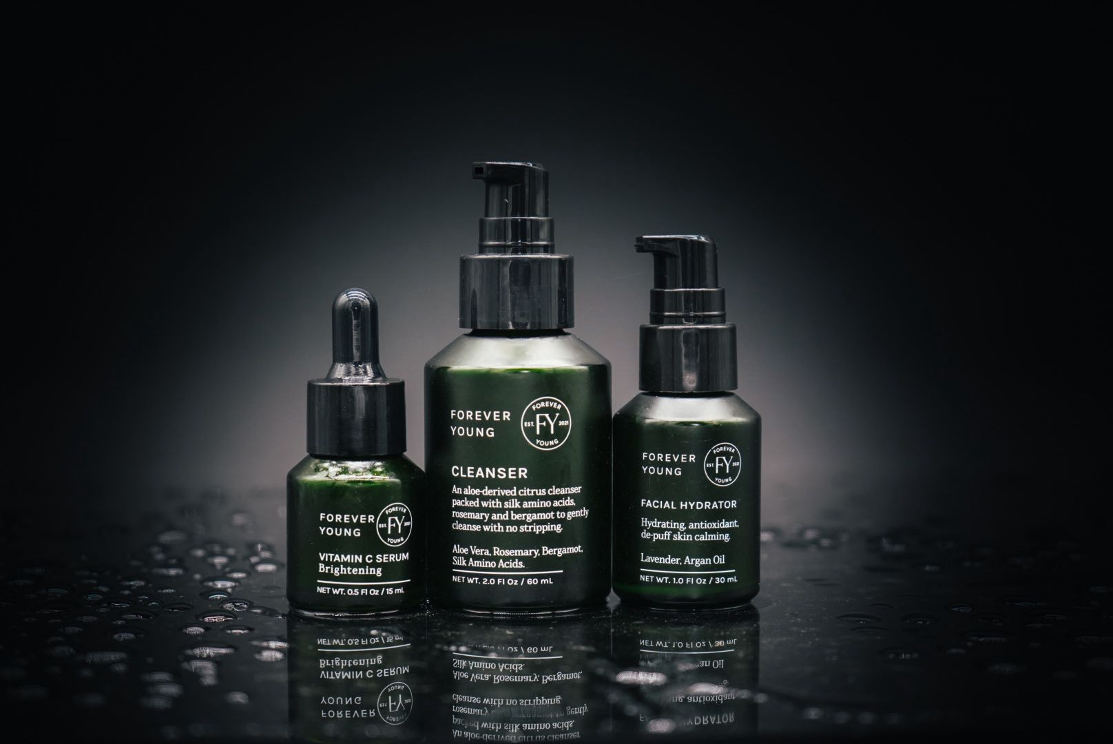 SFY Labs+ Forever Young Routine hero image showing 3-step skincare set for men — cleanser, serum, and hydrator designed for healthy, confident skin.