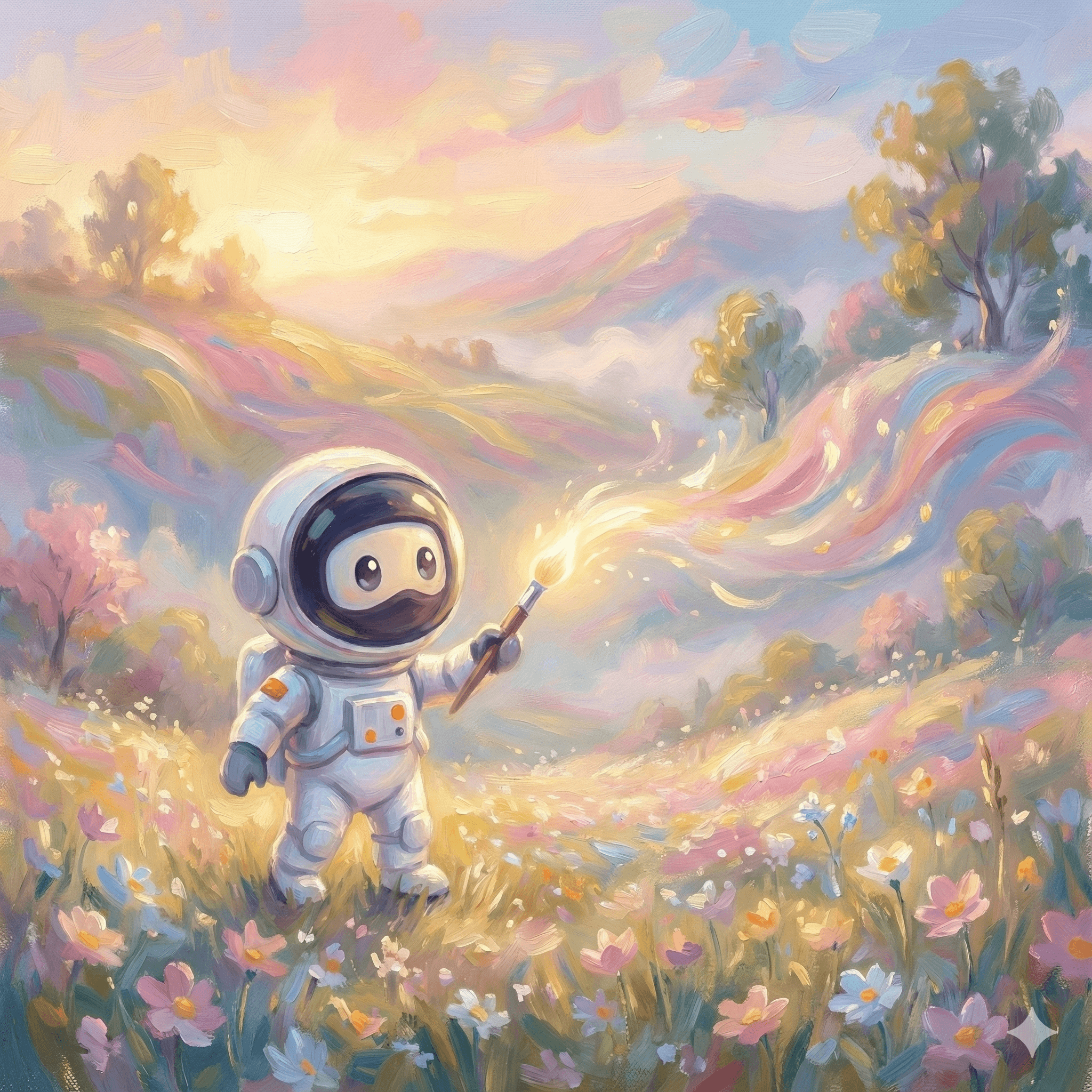 Illustration of an astronaut creating colorful light with a wand, representing structured and consistent AI workflows.