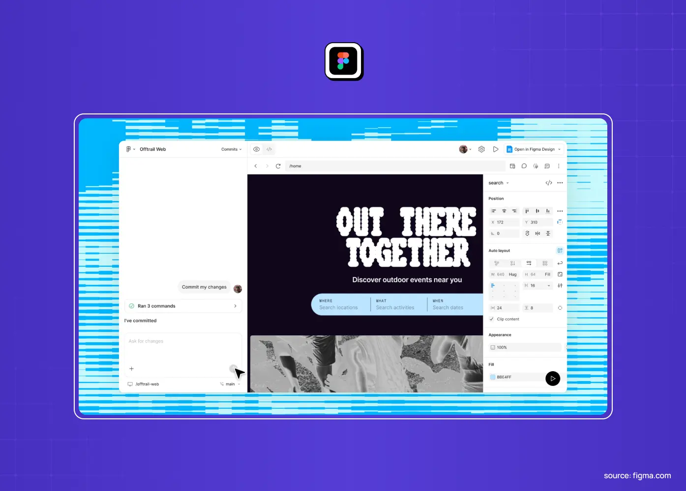 Figma workspace showcasing AI-assisted design generation and editing within the design canvas.