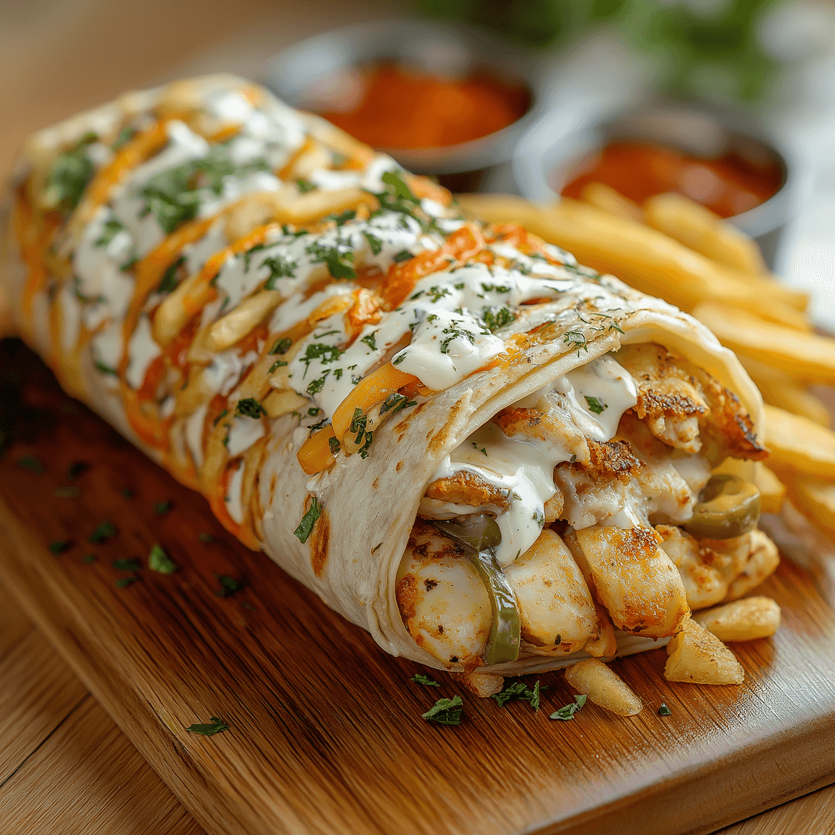 A large, fully loaded chicken shawarma or burrito wrap, generously drizzled with white sauce and topped with fries and parsley, served on a wooden cutting board with a side of French fries and dipping sauces.