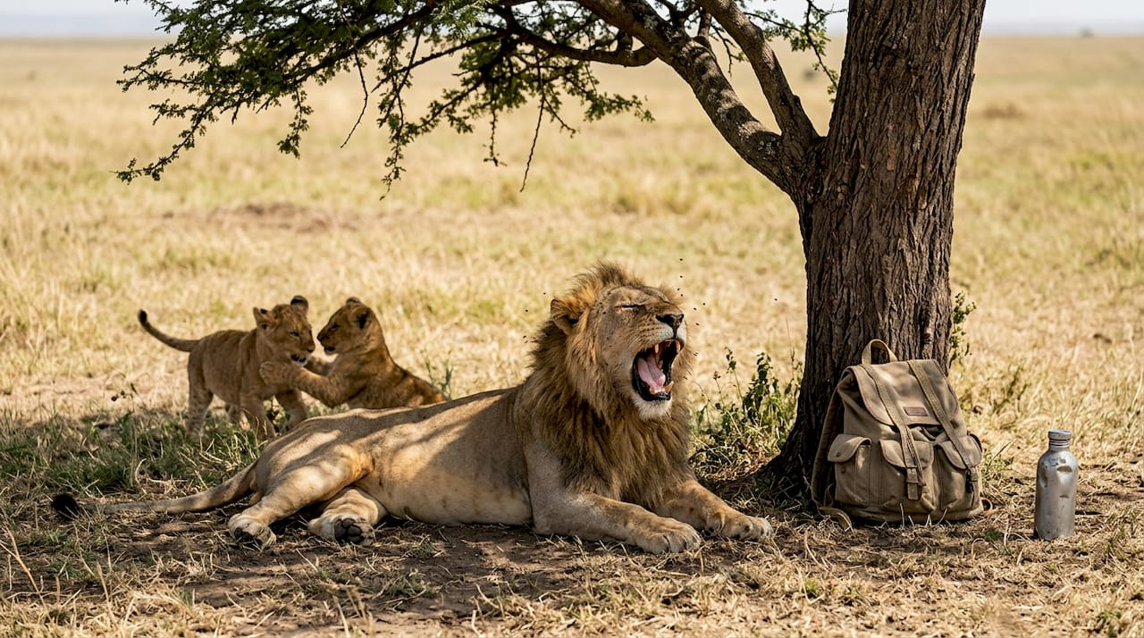 Lion resting under acacia tree on safari
