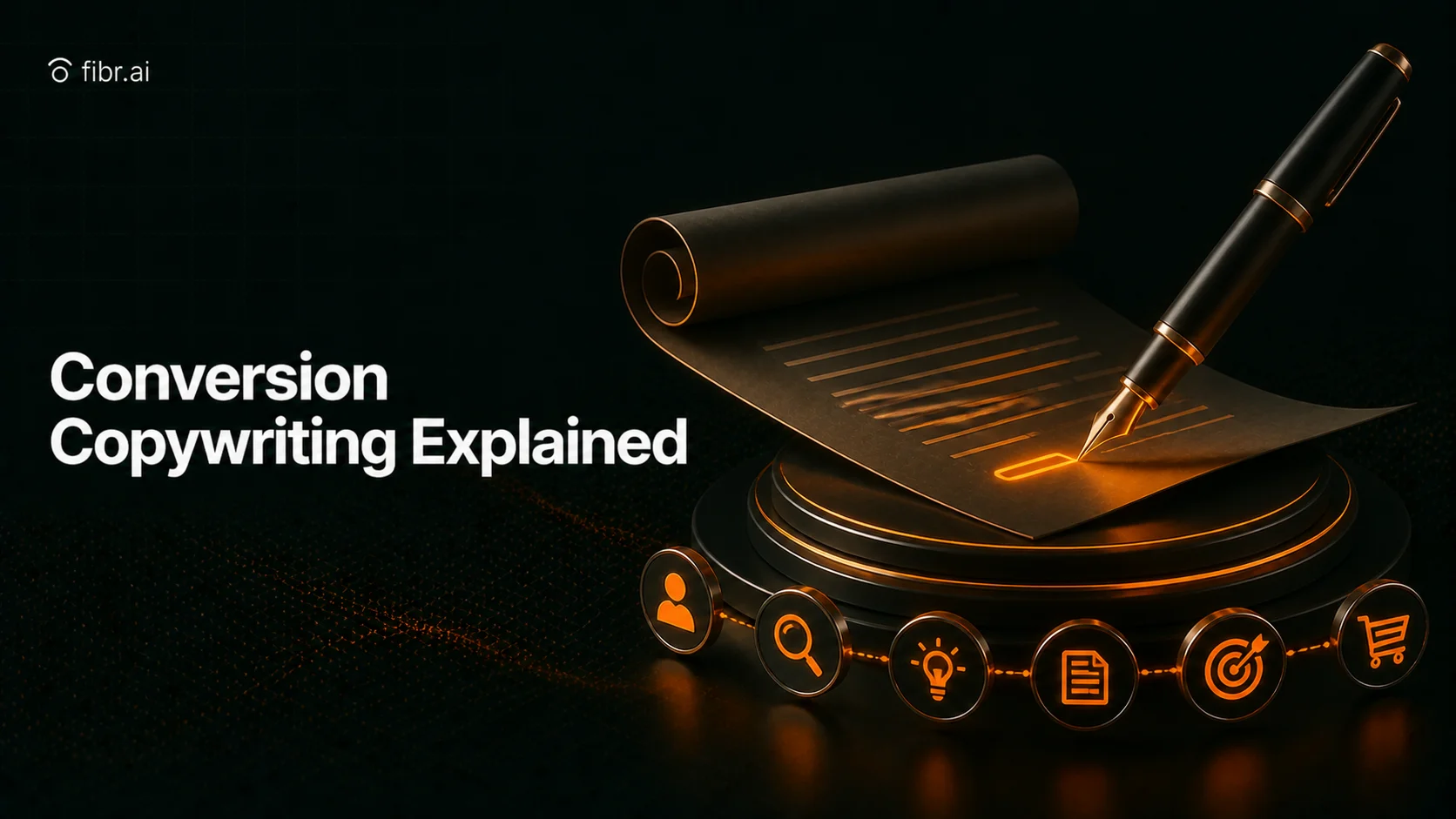 Conversion copywriting visualization showing a pen crafting persuasive content, connected to user intent and optimization signals that drive higher conversions.