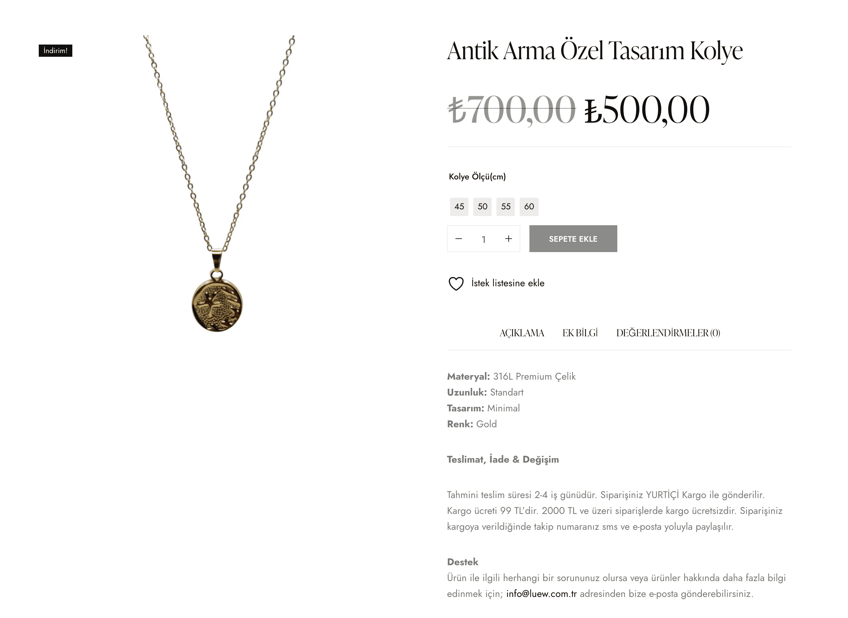Luew ürün detay ekranı — Antik Arma kolye için sade ve zarif alışveriş arayüzü.