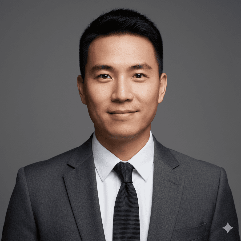 A man in a gray suit, white shirt, and dark tie smiles subtly against a neutral gray background, conveying professionalism and confidence.