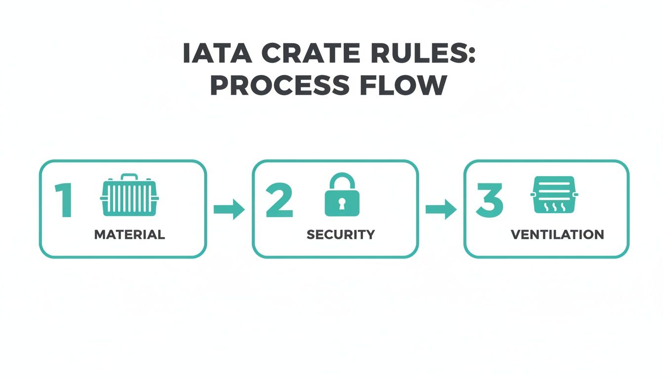 Flowchart illustrating IATA crate rules for pet travel, covering material, security, and ventilation steps.