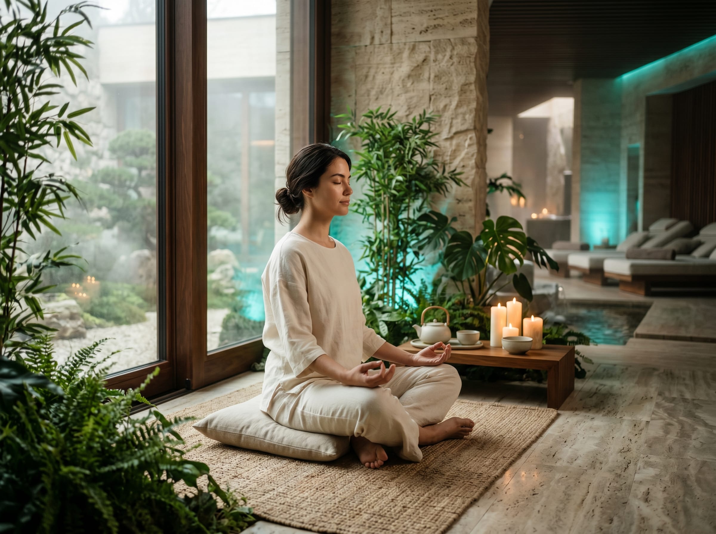 Woman meditating on floor cushion in modern wellness spa retreat