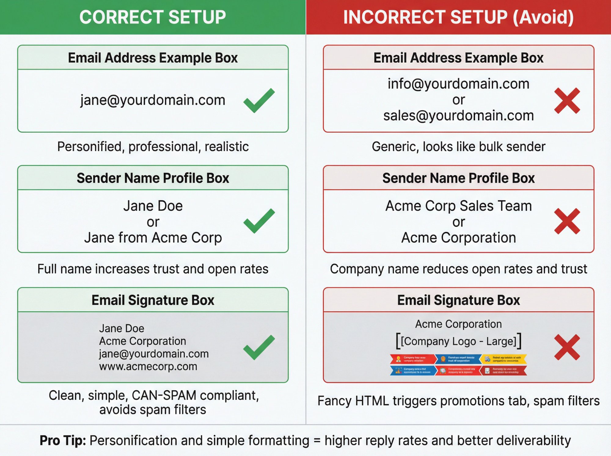 Side-by-side comparison of correct vs incorrect email mailbox setup practices showing sender name, address, and signature examples