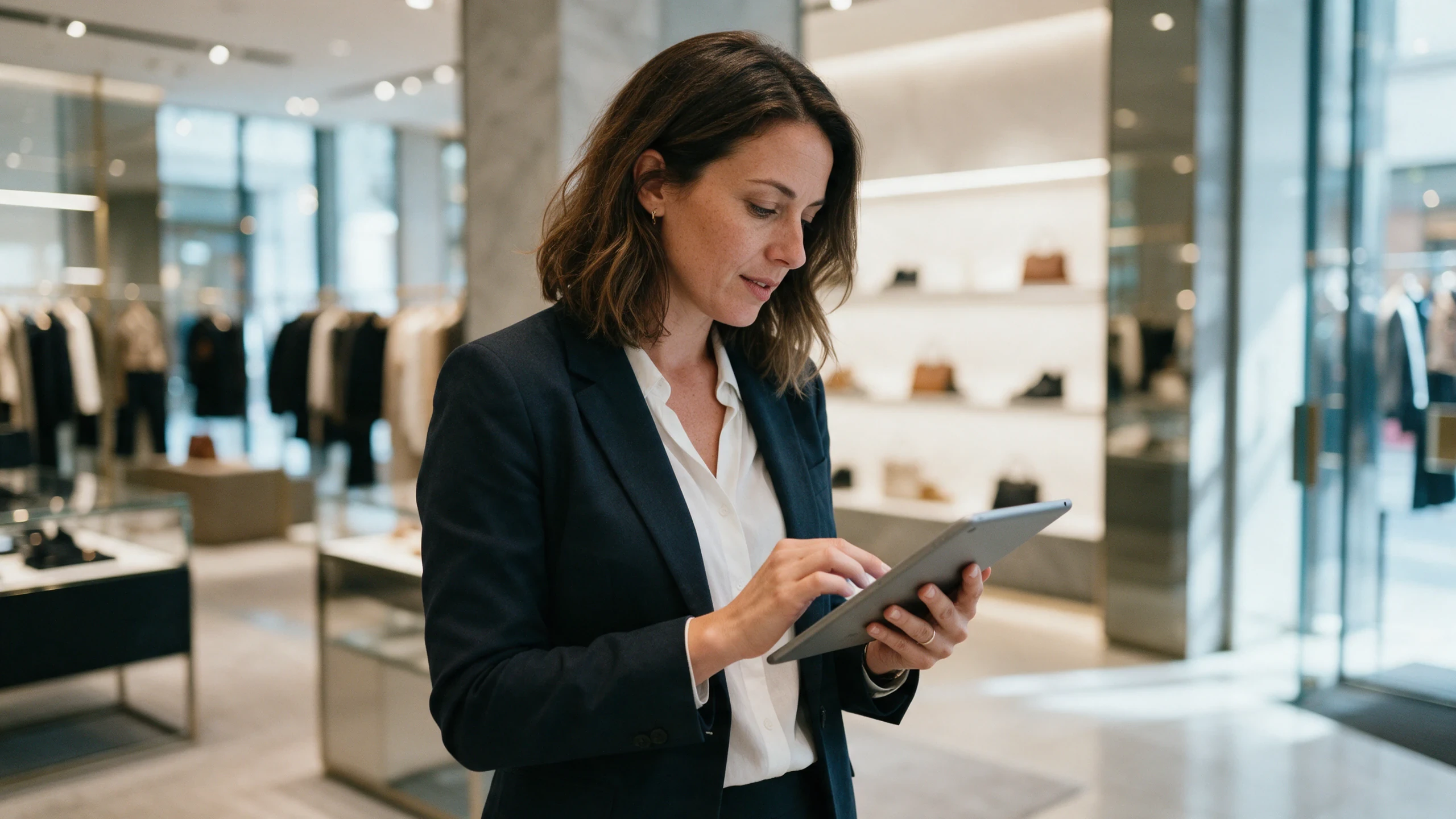 Retail property manager reviewing performance data on a tablet on the shop floor