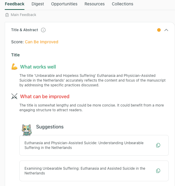 A screenshot of thesify’s feedback interface suggesting concise title variations for a study on euthanasia in the Netherlands