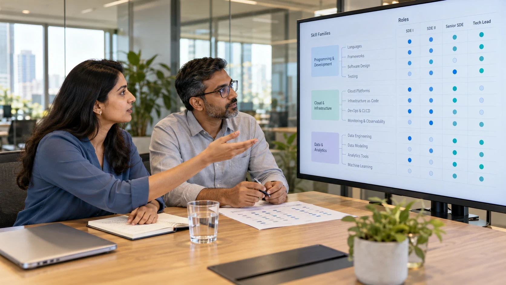 Recruitment lead and engineering manager reviewing a skills taxonomy for IT hiring, mapping technical skills to role requirements.