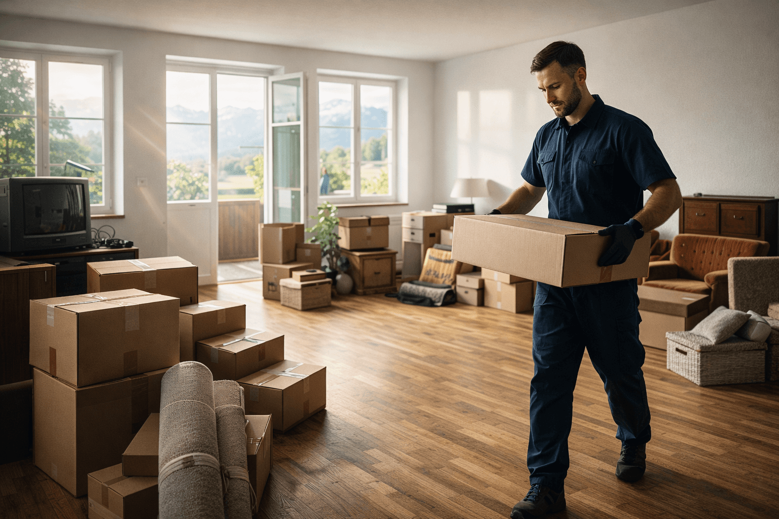 Professionelle Entrümpelung und Wohnungsauflösung durch Fachpersonal in moderner Wohnung