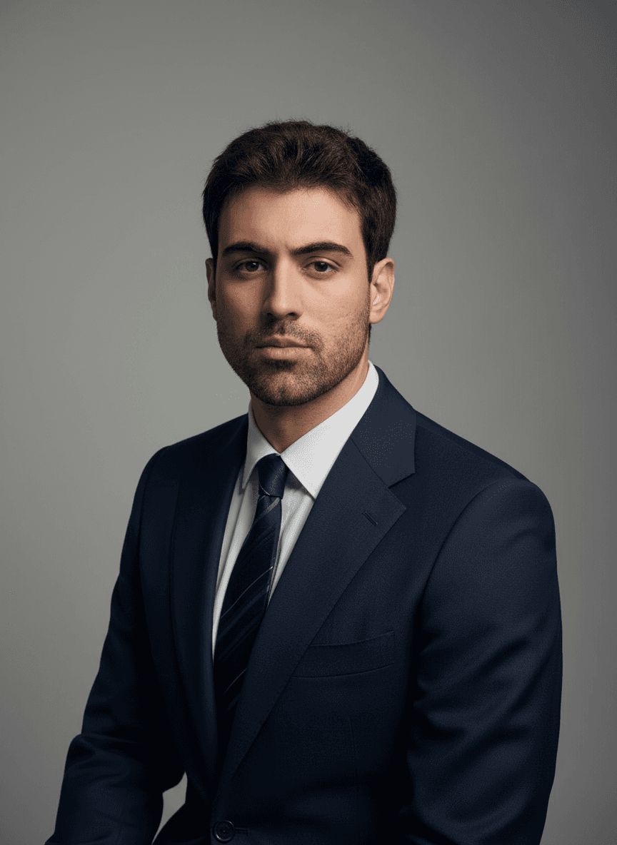 british man in a black striped suit