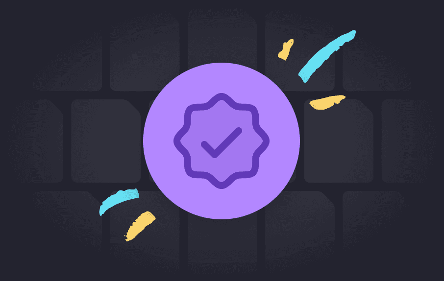 A purple circle with a checkmark inside is centered on a dark grid background. Colorful brush strokes surround it, creating a celebratory tone.