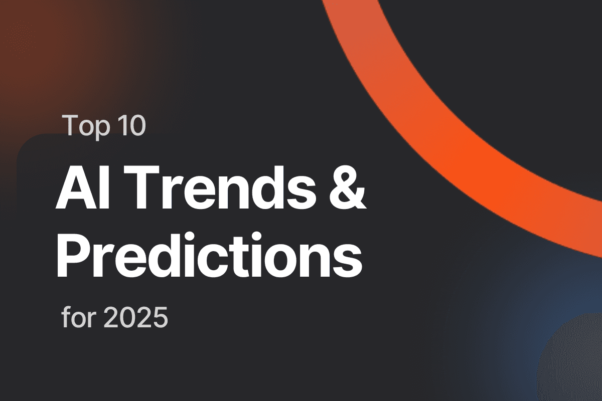 Thumbnail image with the text ‘Top 10 AI Trends & Predictions for 2025,’ highlighting key advancements like conversational AI, robotics, and regulations.