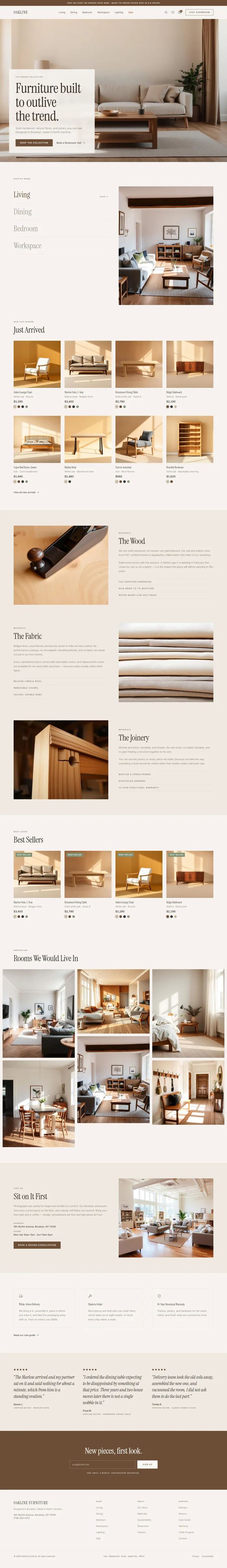 Full furniture store website design: editorial hero, shop by room, products, materials, showroom