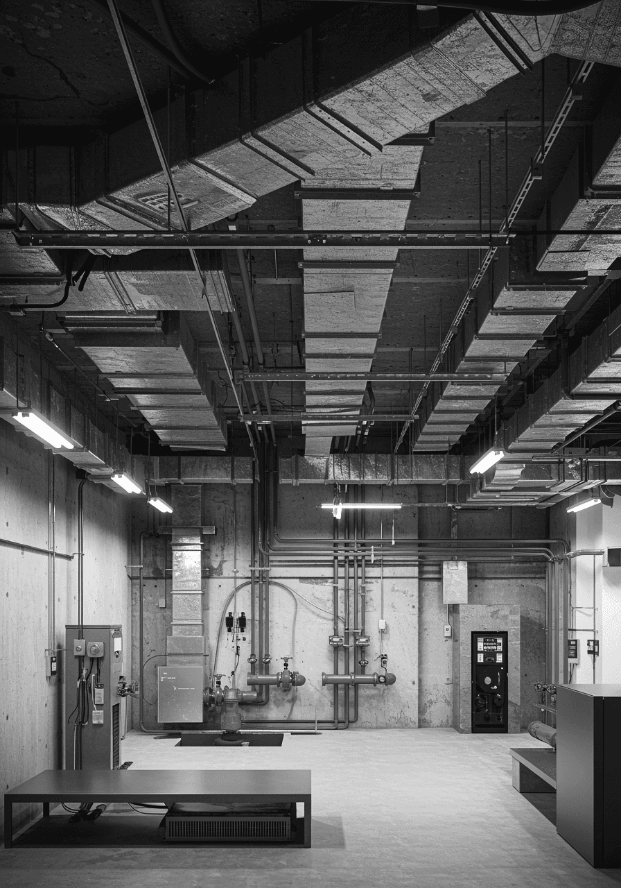 A room with ducting and piping