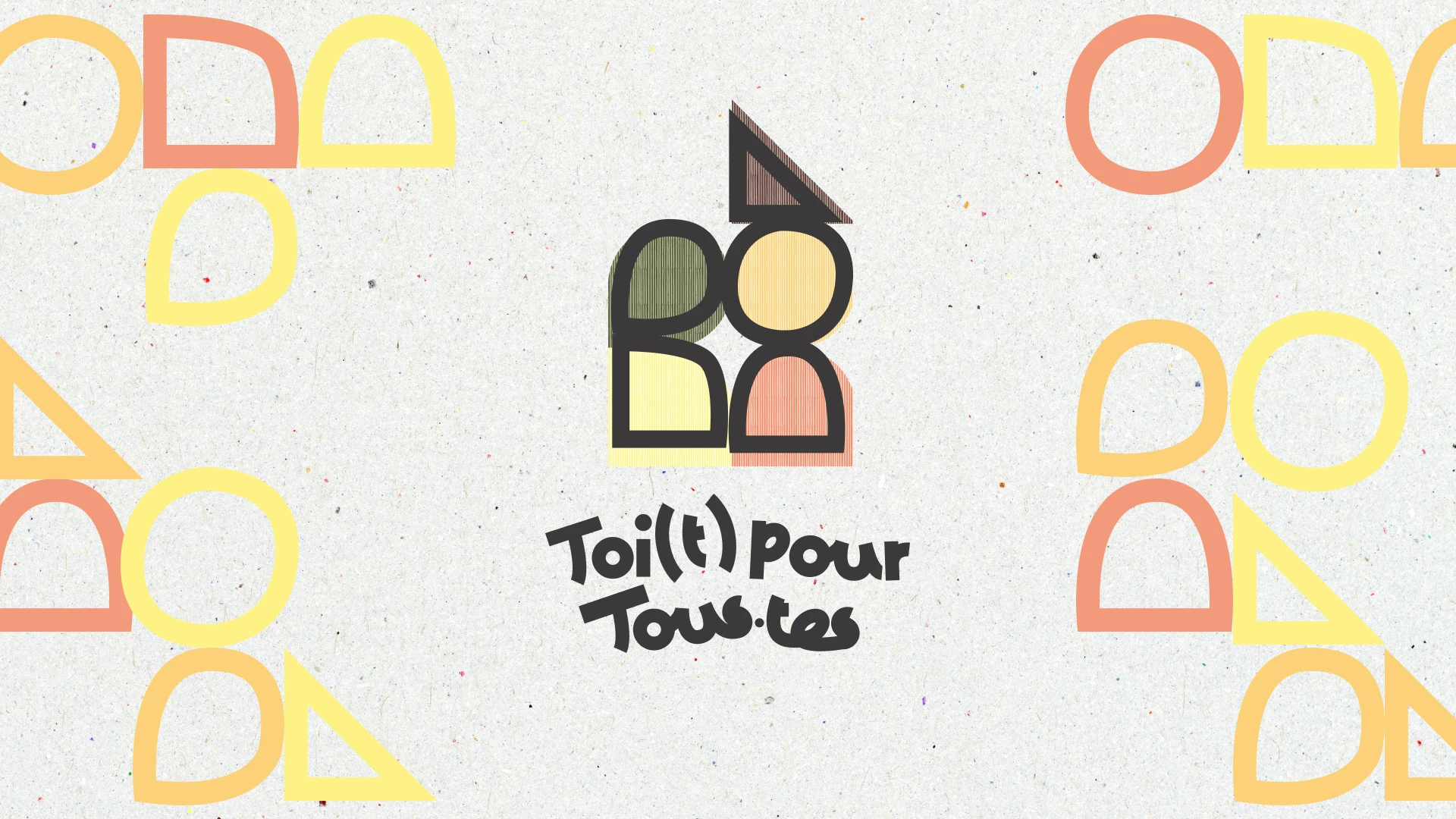 Visuel identitaire Toi(t) Pour Tous·tes format bannière — logo couleur centré sur fond papier recyclé entouré du motif géométrique Bauhaus jaune et saumon, Tartelette Concept graphiste Toulouse