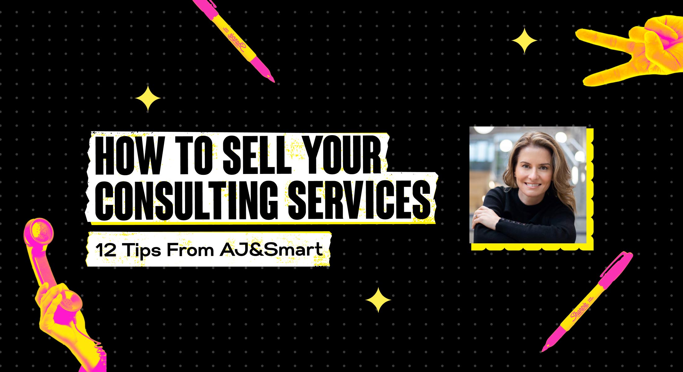 Wide banner with consultant photo, pink markers, phone handset, and bold text on 12 tips for selling consulting services