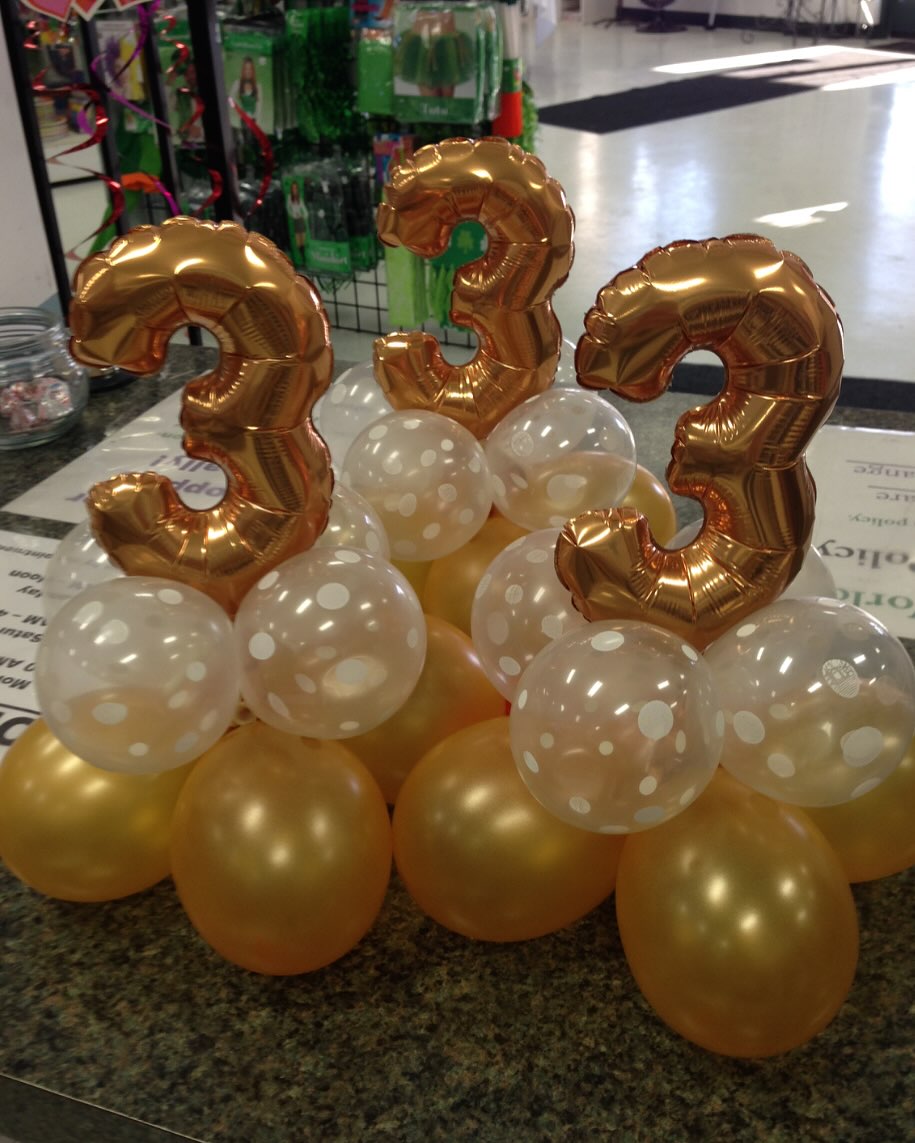 Gold number 33 balloon centerpieces with white and gold balloon bases created by Be Bold Balloons
