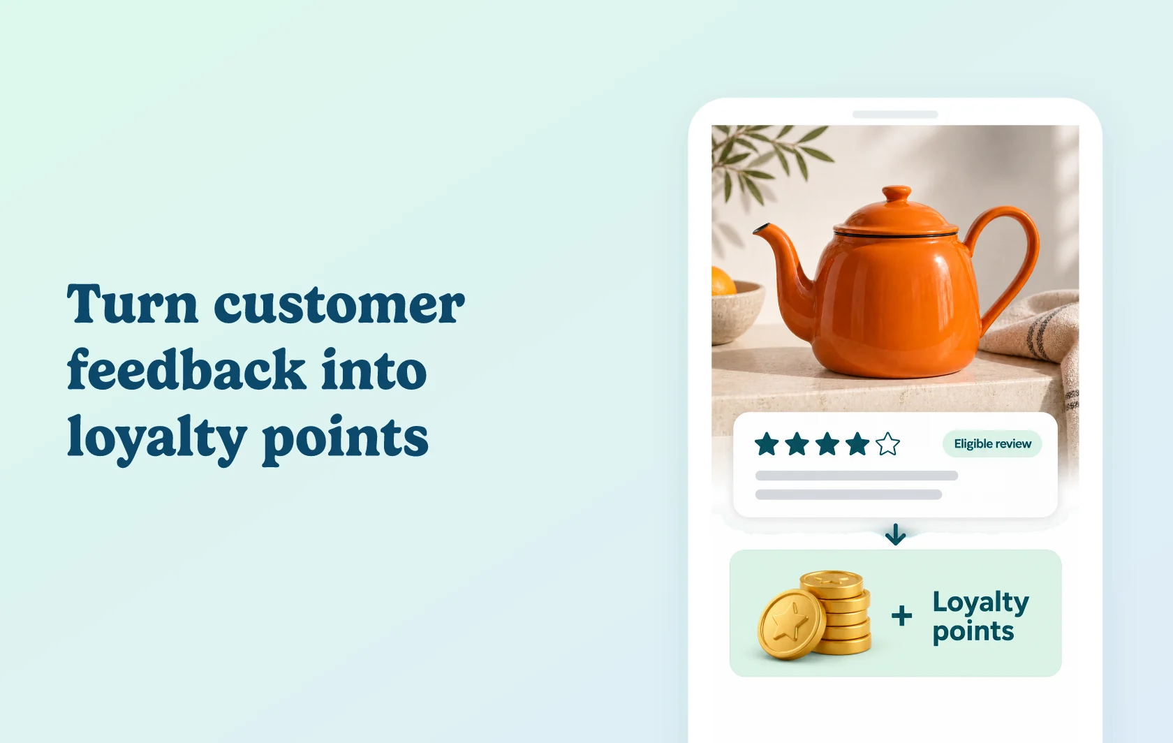 Judge.me and LoyaltyLion integration: illustration of a teapot review connected to a loyalty points card inside a phone.