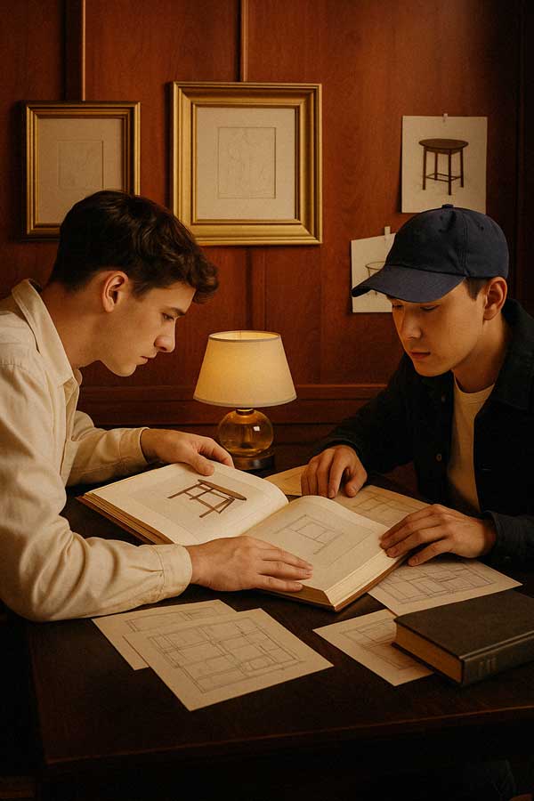 Creatives looking through a design book