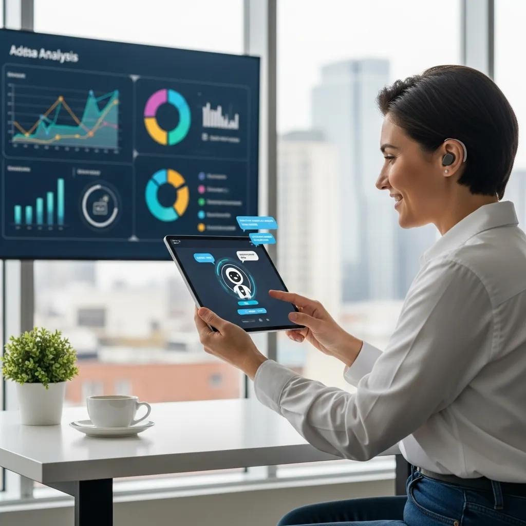 Person using a tablet with AI assistant, illustrating adaptive technology in a modern workspace