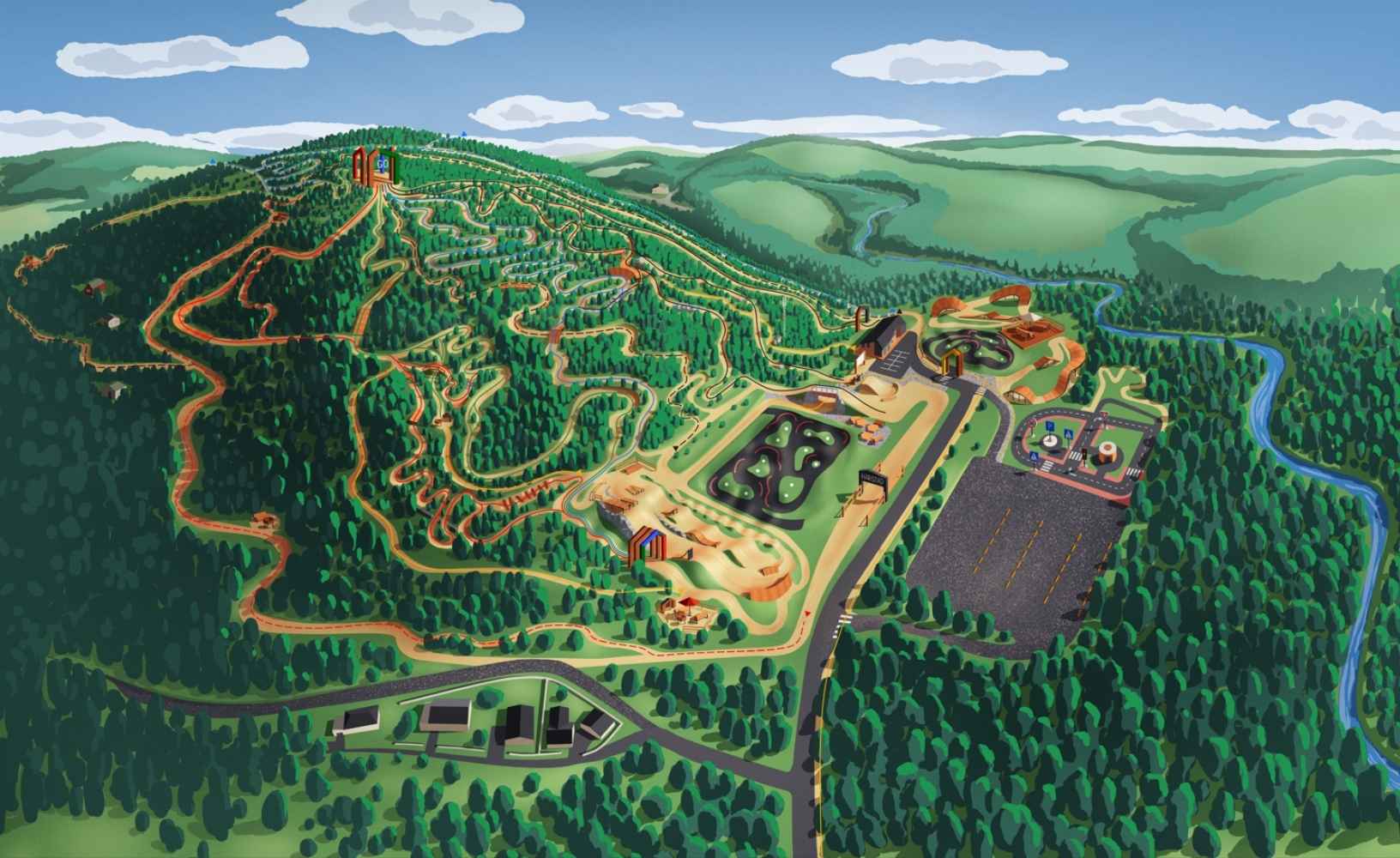 Illustrated outdoor park map showing winding trails, terrain, facilities, and surrounding forest landscape.