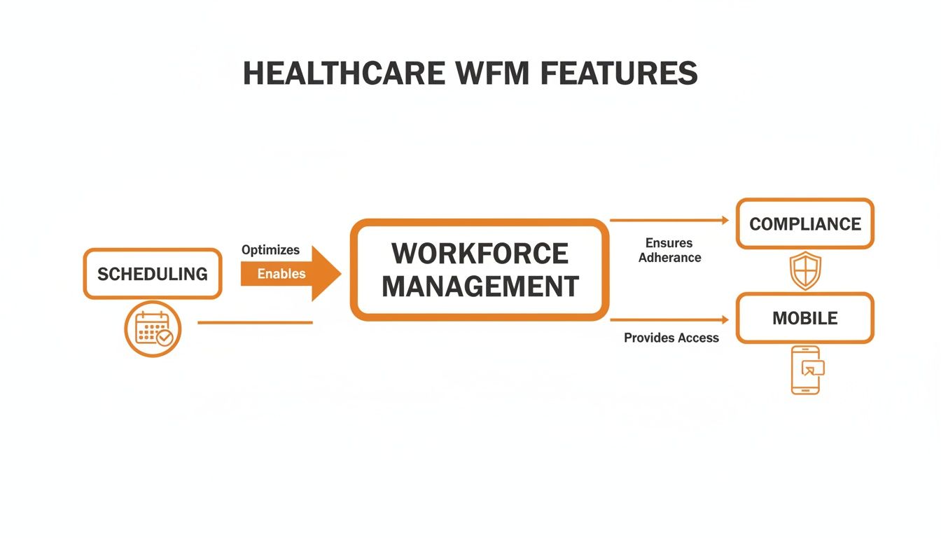 Flowchart illustrating healthcare workforce management features, showing scheduling, compliance, and mobile access.
