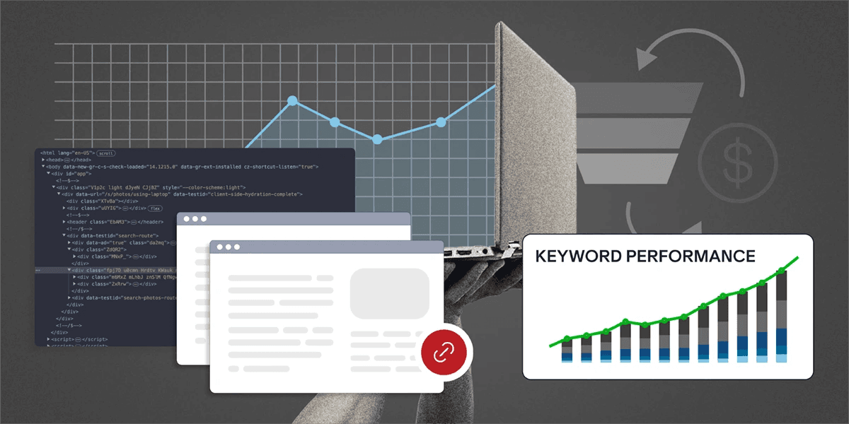 A collage graphic with a keyword performance chart, web browser windows, HTML, and a laptop.
