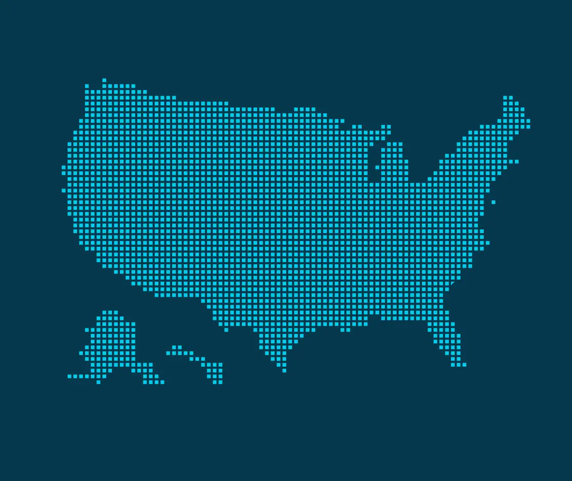US map out of blue dots on dark blue background representing truck insurance services nationwide