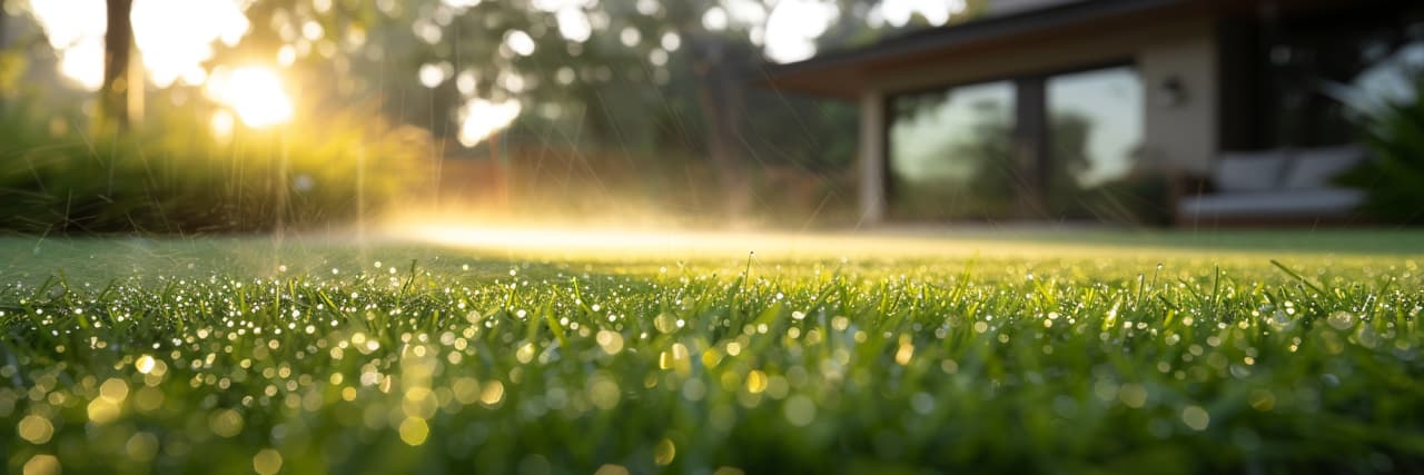 Watering system on green lawn at sunset, automated irrigation for garden landscape