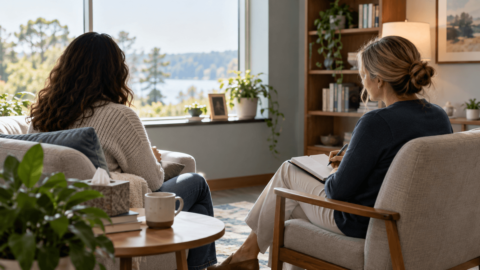 Clinician and adult in a calm outpatient office discussing grief support
