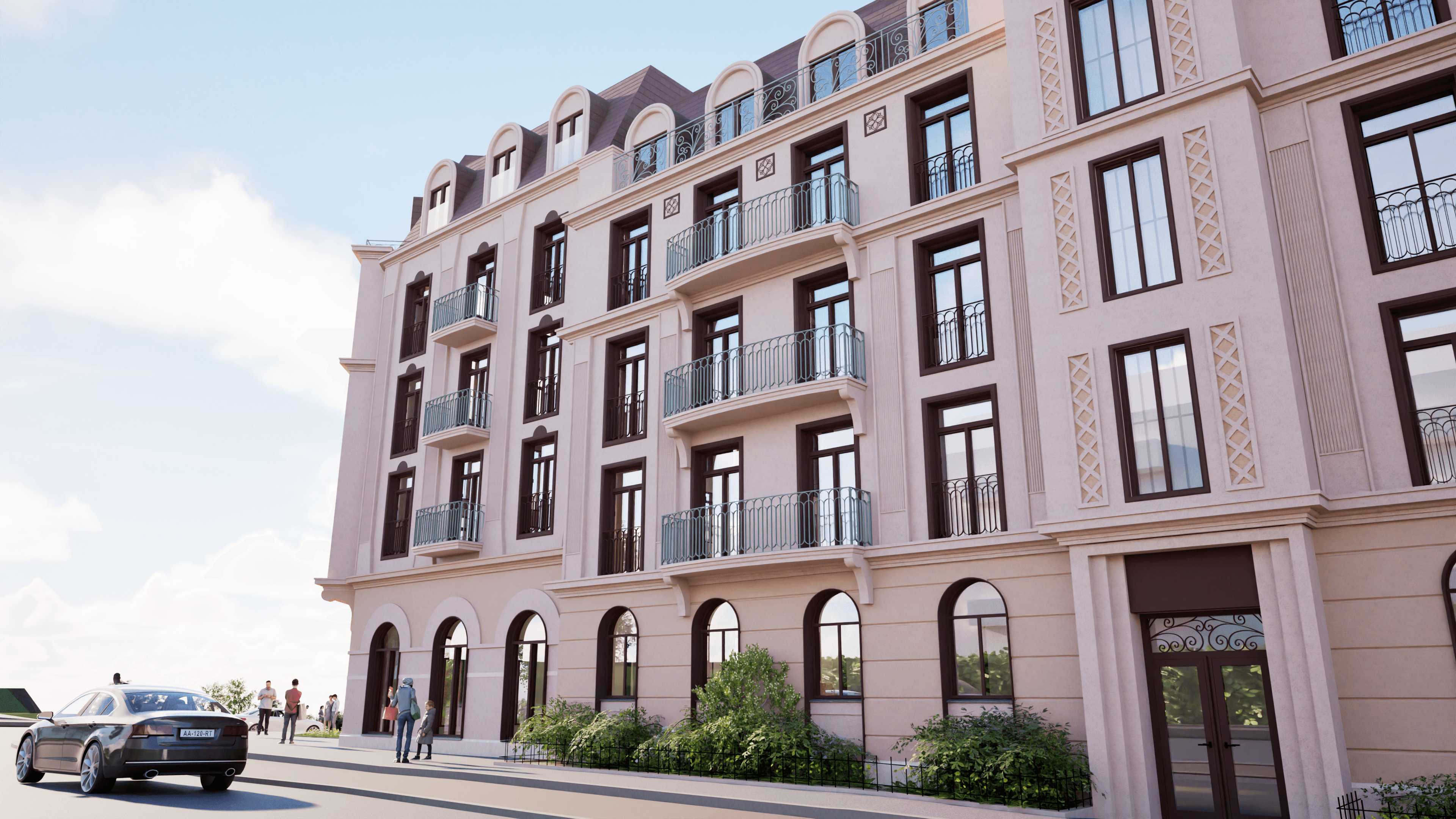 Klassisk boligfasade med balkonger og grønne planter i kveldssol