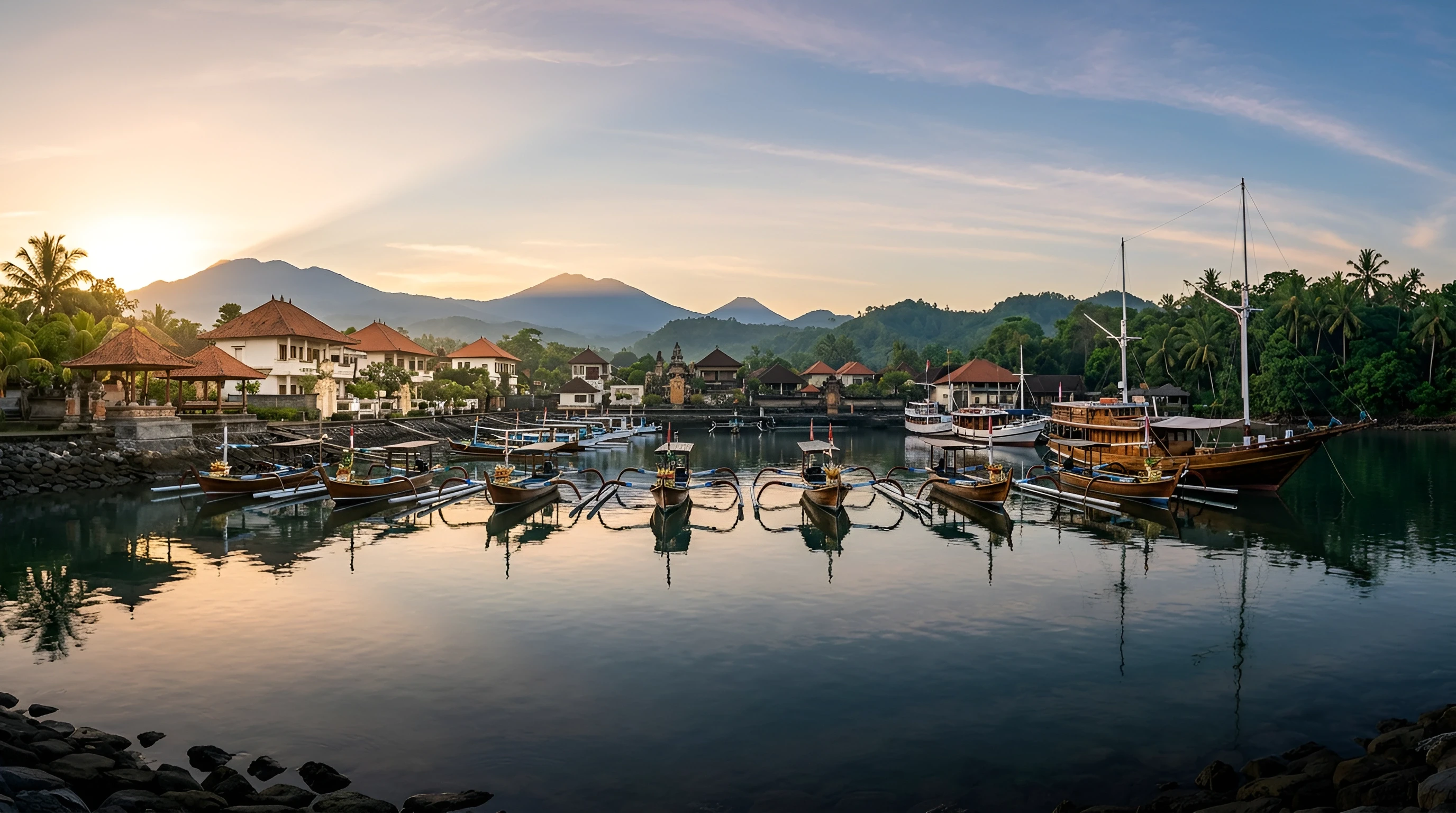 Fishing boats in a harbour at sunrise