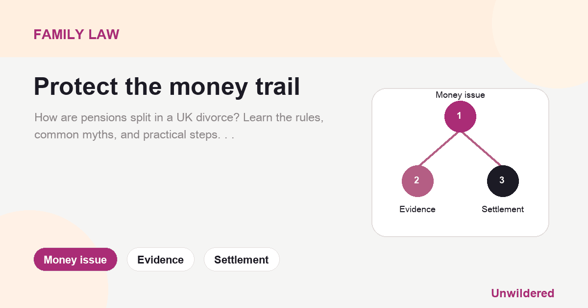 Explainer card for How Are Pensions Split in a Divorce UK?: Money issue, Evidence, Settlement.