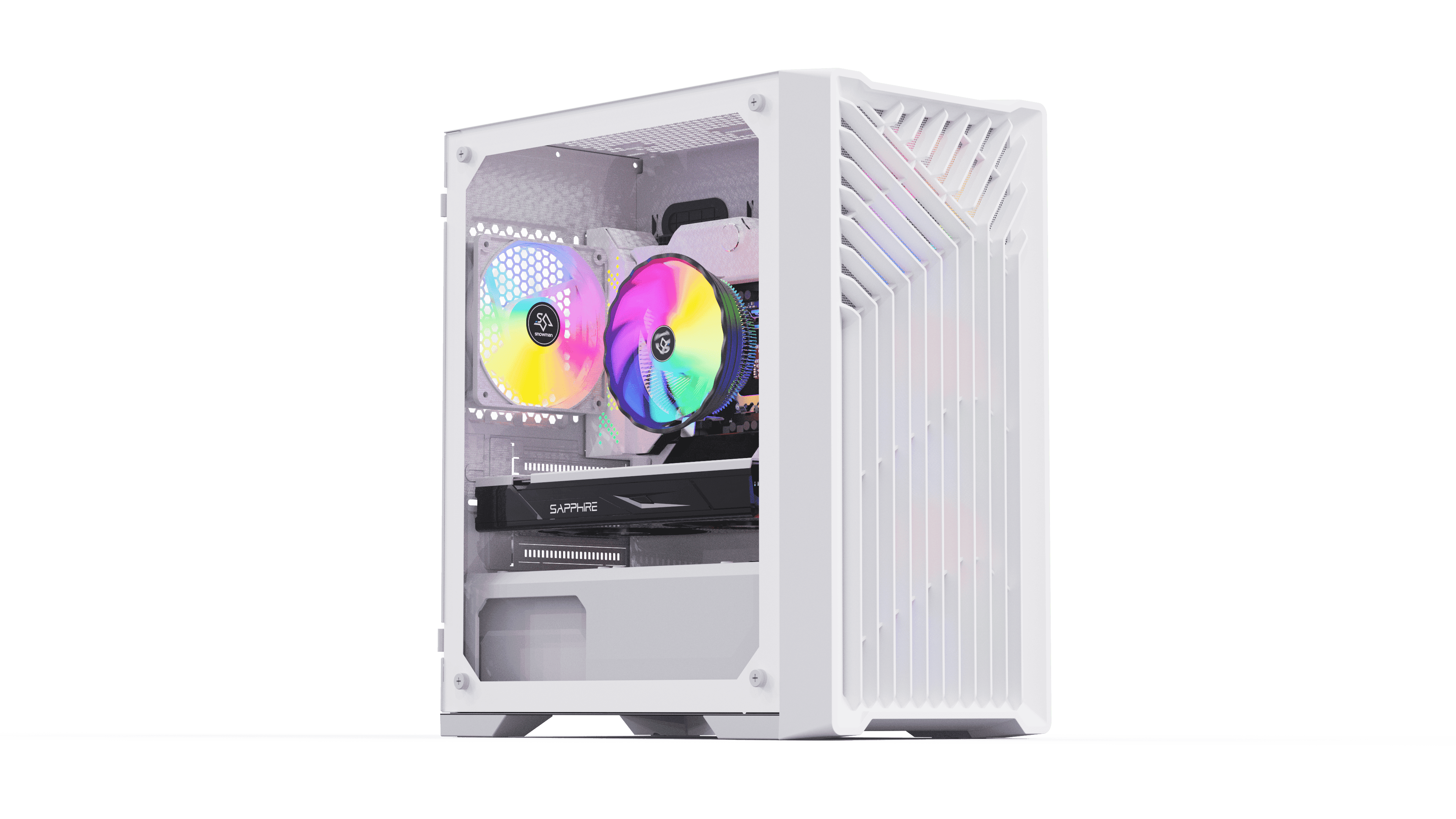 A white gaming PC case with RGB cooling fans and a mesh front panel, designed for high airflow and modern aesthetics.