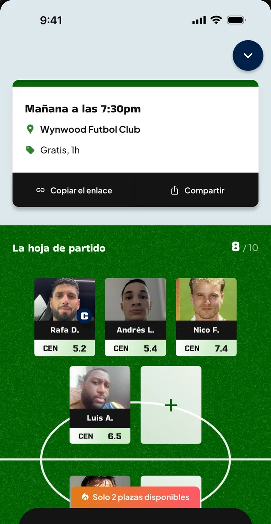 Hoja de partido con el nivel de cada jugador