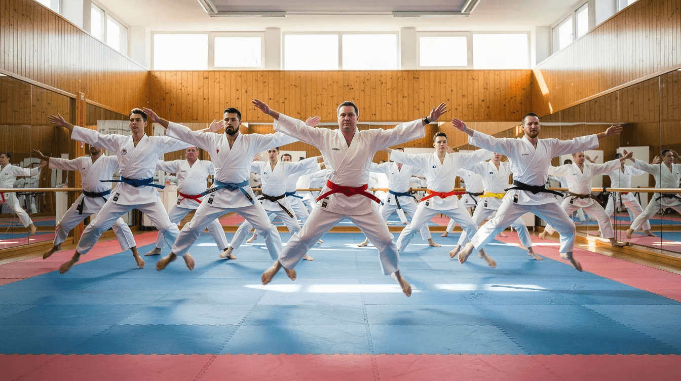 A group of martial artists in white uniforms performs jumping jacks on training mats as part of their warm-up routine, focusing on dynamic stretching to prepare their entire body for martial arts training. The exercise helps increase blood flow and elevate their heart rate, ensuring they are ready for their workout.