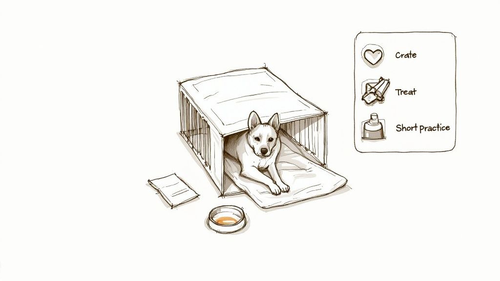 A sketch of a white dog relaxing comfortably inside a pet crate with a bowl nearby.