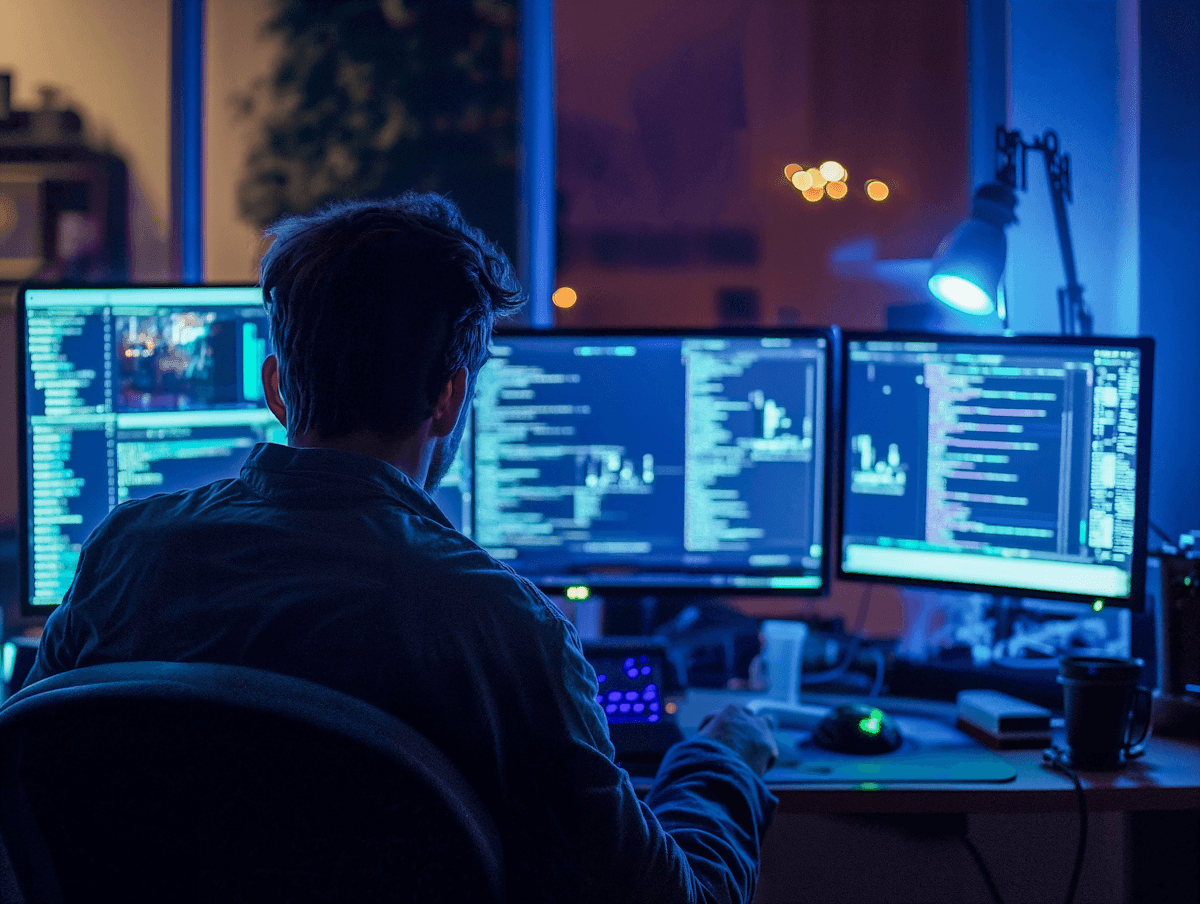 A person sitting in front of multiple computer monitors, illuminated by soft blue lighting in a dark room.